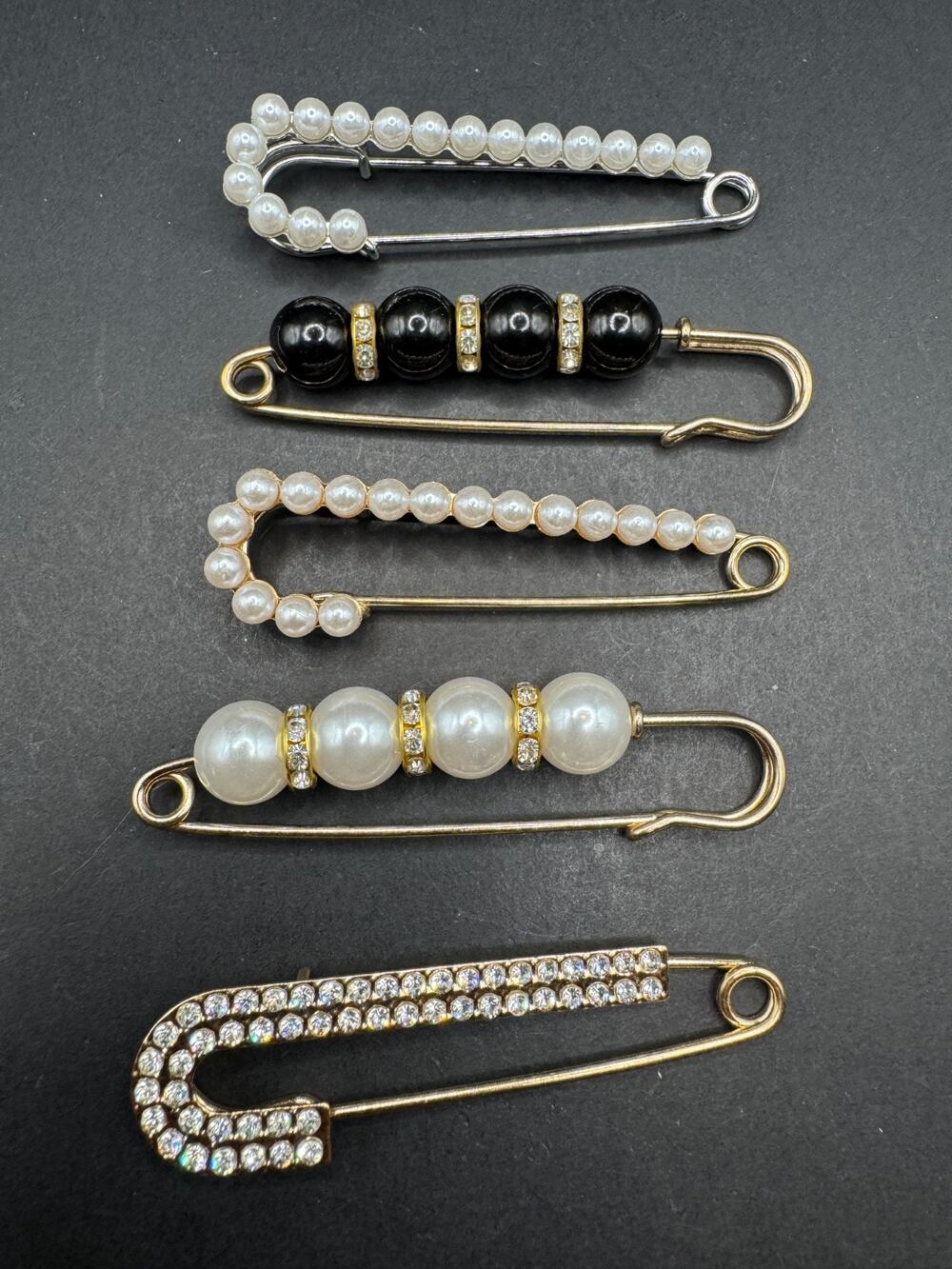 Lot of 5 Clothes Brooch Safety Pins Silver & Gold Tone Faux Pearl Rhinestones
